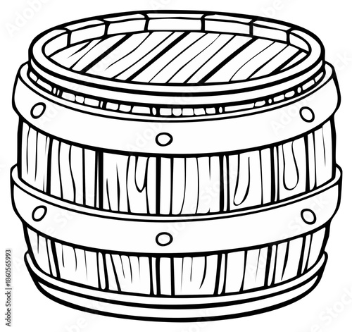 Wood Barrel Outline Illustration Vintage Storage Container Graphics Line Art