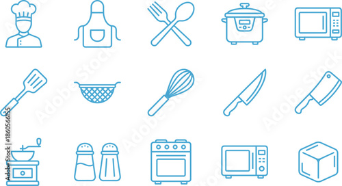 Kitchen Culinary Icon Set Featuring Professional Chef, Cooking Utensils, Microwave Oven, Stove, Knife, Whisk, Apron, Food Preparation, and Catering Service Equipment