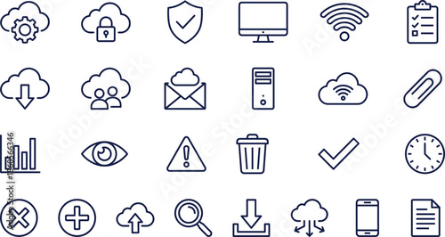Cloud Computing Technology Icon Set Featuring Data Storage Network Security Information Technology Tools Wireless Connectivity File Management and Digital System Optimization