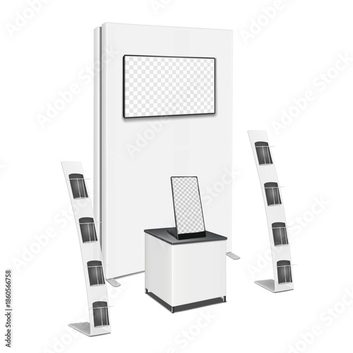 Trade show booth display kit mock-up. Expo tradeshow set template. Blank backdrop banner with LCD monitor, exhibition table, tabletop digital display, literature floor rack stands. 3d vector mockup