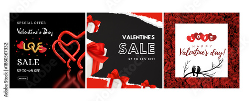 Valentine's day sale promotion social media post template design. Happy valentine day celebration banner or flyer with abstract heart or love balloon. Holiday business marketing web poster.