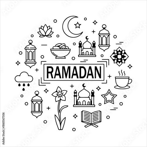 A Professional Religious Ramadan Icon Symbol, Showcasing Islamic Tradition and Digital Crescent Moon Kareem Mubarak Celebration in a Flat Design Minimalist Vector for Festival Culture.