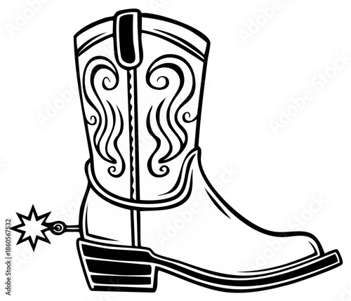 Detailed monochrome illustration of a Western style cowboy boot with a spur and decorative pattern.