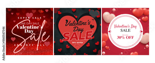 Valentine's day sale banners featuring super savings and 30% off special offers