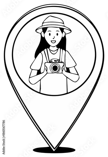 Woman with camera in location pin symbol tourist exploring destination travel photography