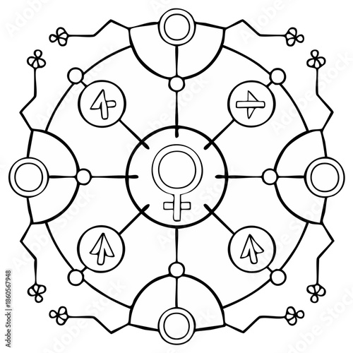 Intricate black and white female gender symbol with arcane geometric patterns, symbols, and connections.