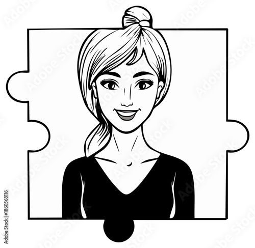Smiling woman's head and shoulders portrait within a puzzle piece frame line art illustration