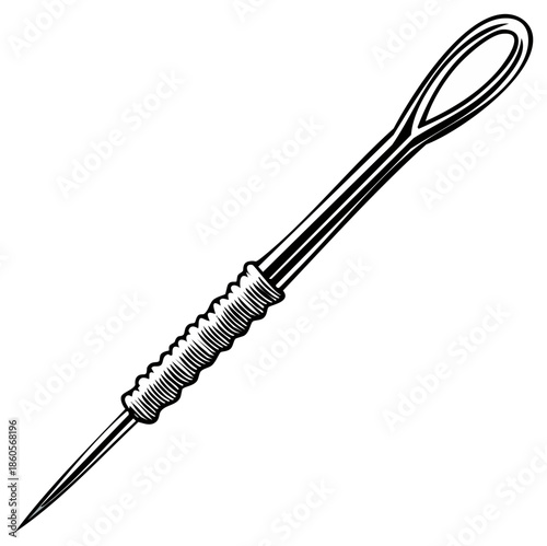 Engraved image of a lacing needle with a textured handle and large eye for threading, on a white background.