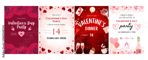 Romantic valentines day party flyer design featuring lush red roses and love hearts