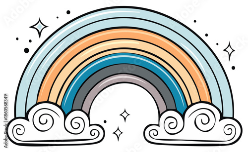 Soft Pastel Rainbow with Swirling Clouds and Stars Illustration