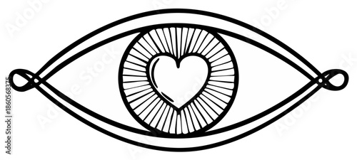 Stylized eye with heart shaped iris conveys love insight and perception