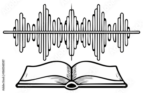 Audiobook concept with sound wave graphic above an open book illustration