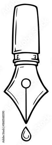 Ink pen nib illustration with ink drop, drawing or sketching concept