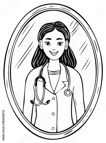 Friendly female doctor reflected in an oval mirror wearing a lab coat and stethoscope