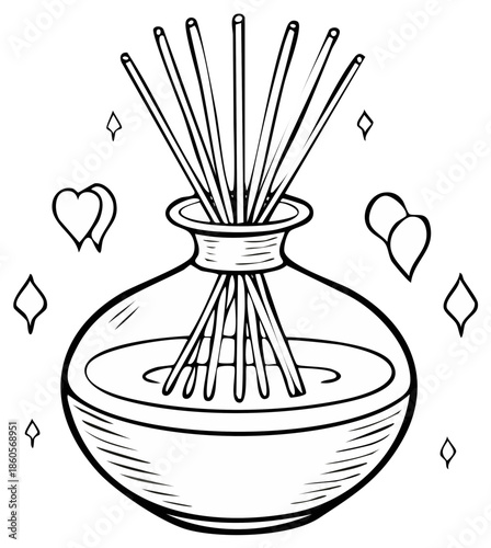 Aromatherapy Diffuser Sticks in an Ornate Glass Container Line Art with Hearts and Stars