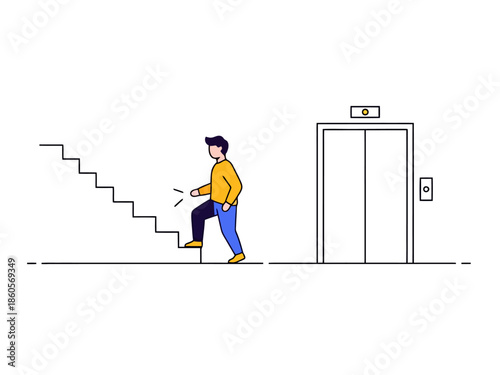 Man Choosing Stairs Over Elevator for Vertical Ascent