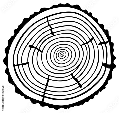 Black and white stylized illustration of a tree trunk cross-section with rings and bark texture.