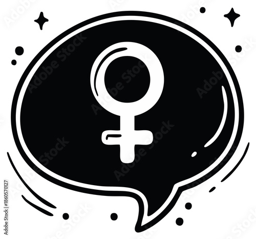 Symbol of woman in black speech bubble, feminism discussion graphic, gender representation, social conversation, advocacy.