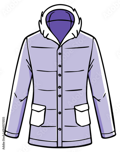 Warm purple winter coat with furry hood and patch pockets illustration