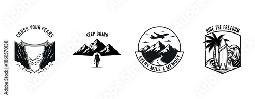 Adventure and travel icons: mountains, bridges, surfing, and airplane themes