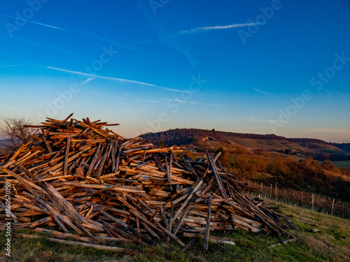Ausgegrabene Weinbergspfähle auf einem Haufen am Abend