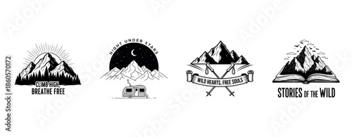 Monochrome adventure logos: mountain peaks, night sky, crossed axes, open book