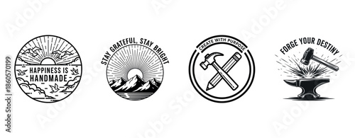 Inspiring badges with motivational messages and craftsmanship symbols