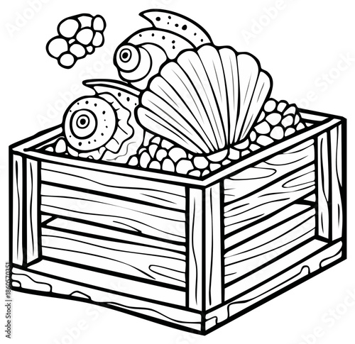 Sea treasures in a wooden box coloring page for kids cute seashell collection with pearls and sea creatures linear drawing