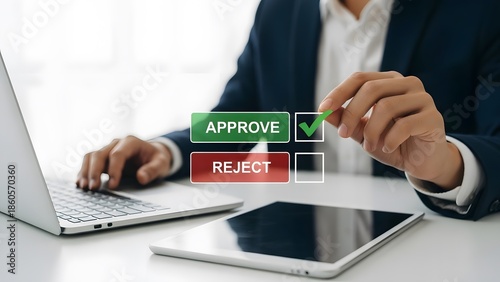 Hand clicking approve button on digital interface