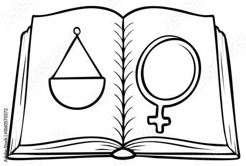 Open book with astrological symbols zodiac Libra and Venus astrological signs simple line drawing