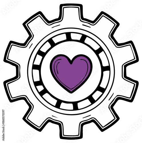 Mechanical gear illustration with a purple heart symbol within a machine element.