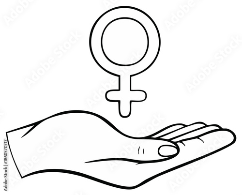 Female Empowerment Symbol Floating Above Open Hand Outline, Femininity and Support Concept