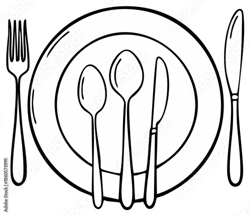 Place setting with plate, cutlery, and utensils, black and white outline