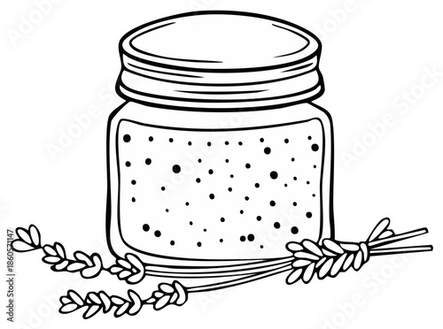Hand-Drawn Jar of Scrub with Lavender Illustration for Beauty and Spa Products Concept Outline
