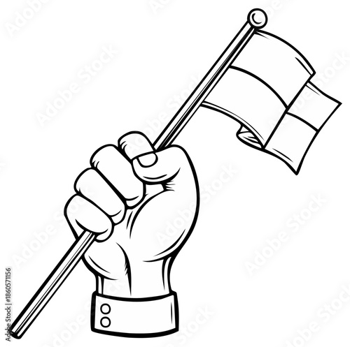Cartoon hand clenching a flag, black and white line art illustration