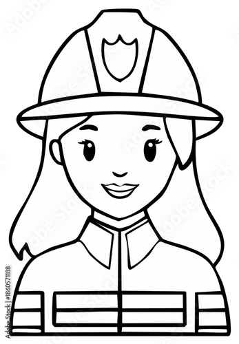 Line art illustration of a smiling female firefighter wearing a helmet and uniform
