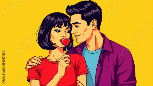 Pop art vector illustration of a romantic couple: a woman and a man standing close together, embracing, holding red heart-shaped lollipops. Ideal for love, romance, and retro themes.