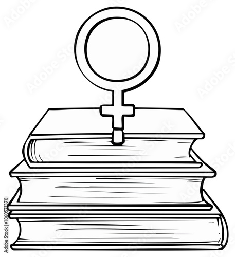 Symbol of Venus atop a stack of books, feminist concept