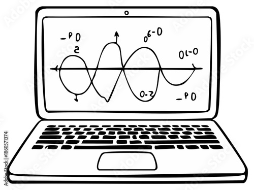 Laptop showing mathematical graph illustration line art