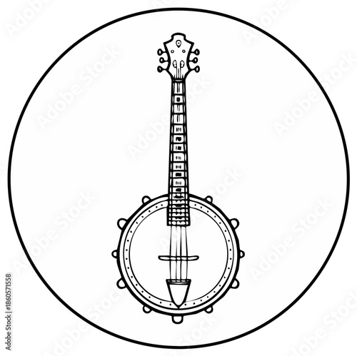 Traditional Banjo Musical Instrument Line Art Illustration in a Round Frame