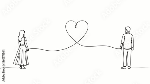 Continuous single line illustration depicts a couple standing apart, connected by a single, flowing, unbroken line that forms a heart shape in the space between them.
