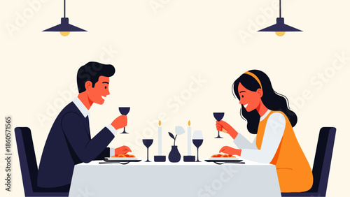 Flat Vector of a couple enjoying a romantic dinner, complete with plates, wine, and candles on the table. Ideal for relationship visualization, lifestyle design, and emotional well-being content.