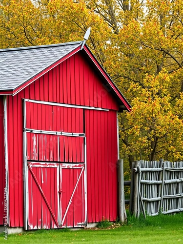 A weathered red barn stands beside a wooden fence with trees ,  historic,  barn