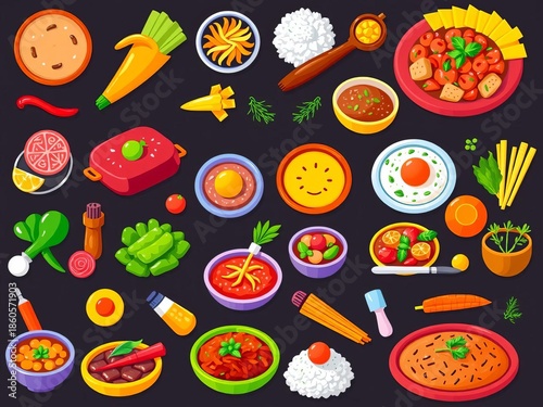A vibrant collection of food icons representing diverse cuisines and dishes, perfect for menus and apps,  healthy eating,  menu design