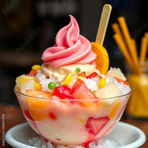 A vibrant Filipino dessert, halo halo, offers a delightful mix of textures and flavors atop shaved ice,  shaved ice,  tropical