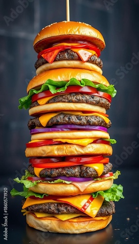A towering stack of gourmet burgers, each layer a masterpiece of fresh ingredients, presented as a delicious architectural feat,  creation,  layered