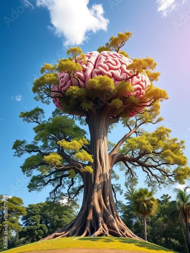 A towering tree with a brain-shaped canopy, symbolizing knowledge and growth,  nature, brain