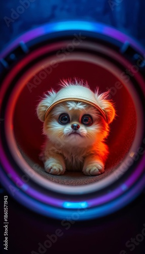 A tiny explorer's round portal offers a glimpse of its bewildered fluffy countenance,  peeking,  straight on