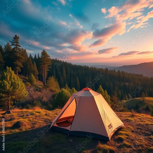 A tent on a gentle slope, offering a pleasant view of the surrounding forest and open sky,  view, camping