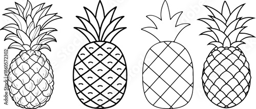 Pineapple Outline Set – Tropical Fruit Line Art Coloring Page Icons